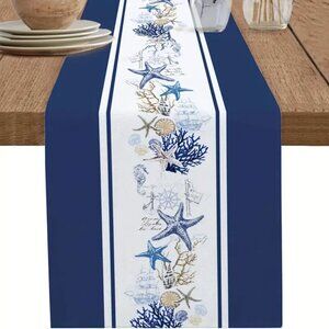 Linen-Look Table Runner - Navy Blue Striped with Ocean Coral Nautical Design